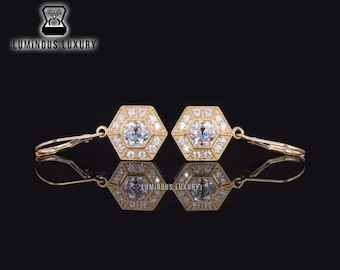 Dainty 2/ 2.50/ 3 TCW Round Old European Cut Moissanite Earrings: Geometric Hexagon Drop Earrings, Art Deco Milgrain Set Lever Back Earrings