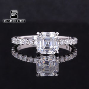 Four Claw Prong Solitaire Ring, 1.15/ 1.80/ 2.75 Carat Asscher Cut Moissanite 10K/ 14K/ 18K White/ Yellow/ Rose Gold Ring, High Profile Ring