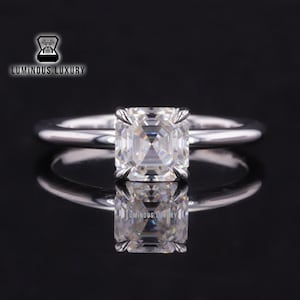 Comfort Fit Rounded Band 1.15/ 1.80/ 2.75 Carat Asscher Cut Moissanite 10K/ 14K/ 18K Solid Gold Ring, 4 Claw Prong Basket Set Solitaire Ring