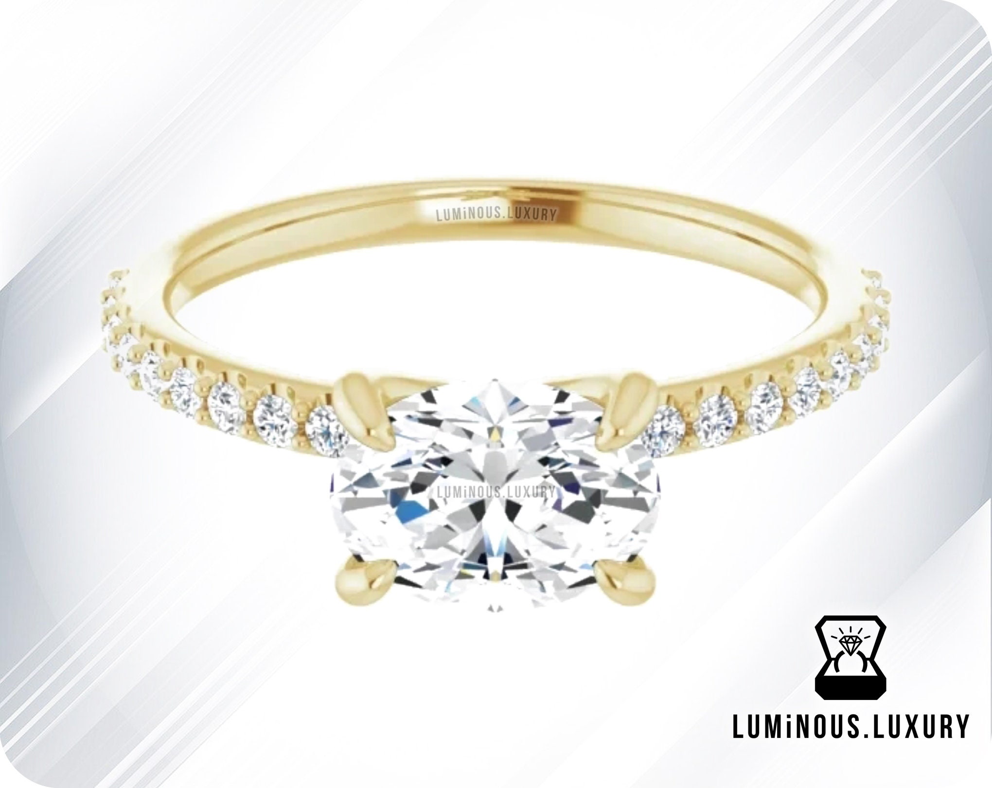 Elegant East West Set 2.25 CT Colorless Oval Moissanite Petite Pave Wedding & Engagement Ring, 10K 14K 18K White Yellow Rose Solid Gold Ring