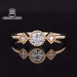 Trinity Moissanite Anniversary Ring, Amazing Round Brilliant Cut Engagement Ring, Unique Milgrain Bezel Set Three Stone Wedding Ring For Her