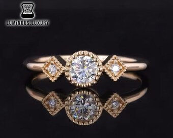 Three Stone Ring: Milgrain Bezel Anniversary Ring, Round Brilliant Cut Moissanite Wedding Ring, 18K White/Yellow/Rose Gold Engagement Ring