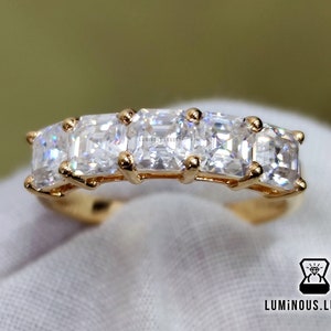 5 Stone Half Eternity Band, Half Eternity Asscher Cut Wedding Band, Square Stone Ring, Anniversary Band, Stackable Wedding Band For Gift