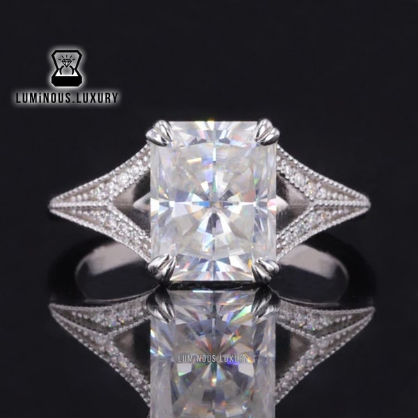 Unique Milgrain Set Split Shank Ring, 2.5/ 4/ 5 Carat Radiant Cut Colorless Moissanite Anniversary Gift Ring, Double Claw Prong Wedding Ring