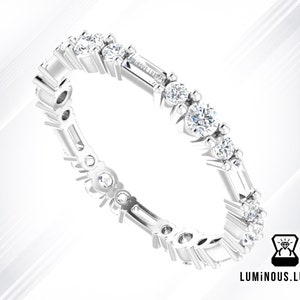 Alternating Baguette and Round Moissanite Wedding Band, Art Deco Colorless Moissanite Full Eternity Band, Wedding Band Gift, Dainty Band