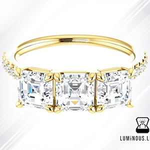 Perfect Anniversary Ring, 3 CT Asscher Cut Colorless Moissanite Three Stone Engagement Ring, Colorless Asscher Three Stone Unique Ring Gift