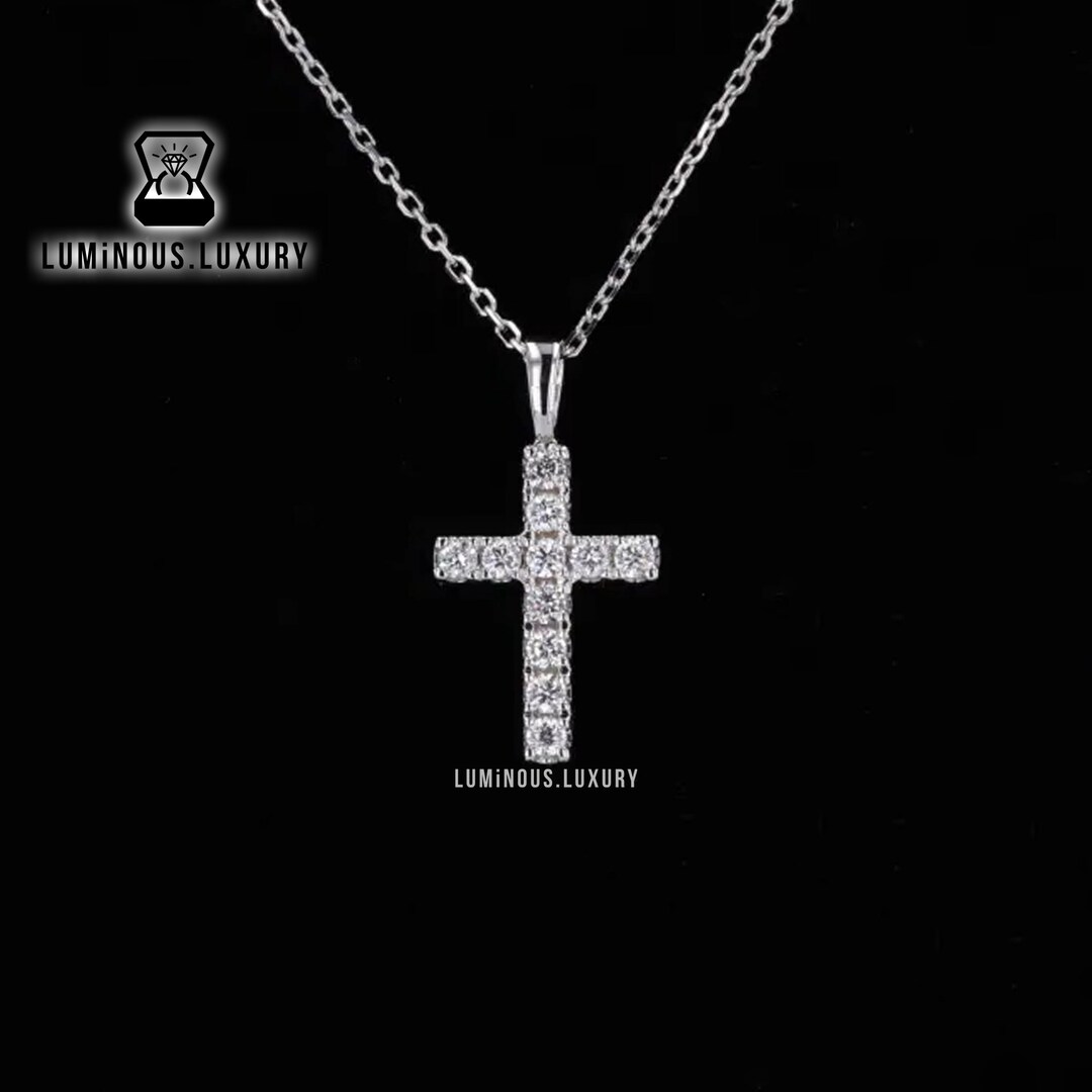 Solid Gold Cross Christian Charm Necklace, Elegant Round Brilliant Cut