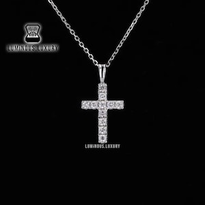 Solid Gold Cross Christian Charm Necklace, Elegant Round Brilliant Cut ...