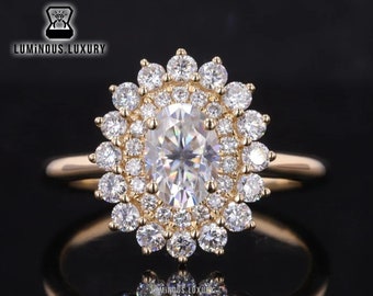 Delicate Double Halo Ring, Colorless 1/1.40/2.25 Carat Oval Cut Moissanite Designer Engagement Ring, 10K/14K/18K Solid Gold Anniversary Ring