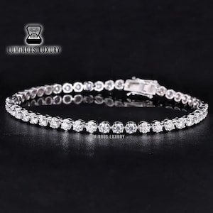 3.50 mm Round Cut Colorless Moissanite Tennis Bracelet, 4 Prong Set Box Lock Bracelet For Wifey, Sterling Silver Women&#39;s Bracelet