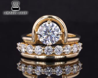 Classic Bridal Set: U Shape Curved Solitaire Ring With Half Eternity Stacking Band, 1.25/ 2/ 2.50 Carat Round Cut Moissanite Wedding Ring