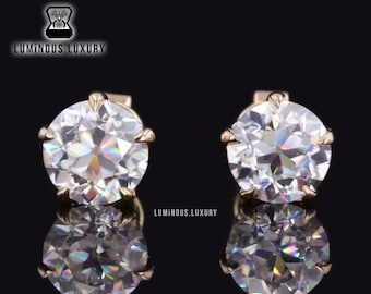 Solitaire Stud Earrings: 5 Claw Prong Push Back Earrings, Antique 2.5/3/4.5 TCW Round Old European Cut Colorless Moissanite Earrings