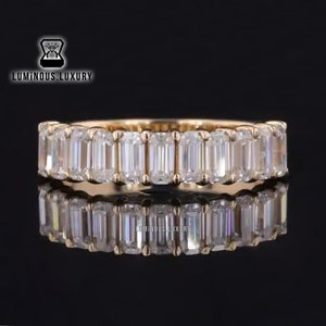 4x2mm Emerald Cut Colorless Moissanite Wedding Band, Delicate Shared Prong Basket Half Eternity Band, Stacking Anniversary Band Gift For Her