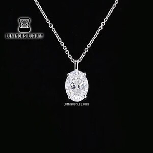 Sterling Silver Solitaire Pendant: 4 Prong Charm Pendant With Cable Chain, 1.5/ 2.5/ 3.25 Carat Crushed Ice Oval Cut Moissanite Pendant