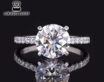 1.25/ 2/ 2.75 Carat Round Cut Colorless Moissanite Wedding Ring: Delicate 4 Prong Cathedral Set Pave Accent Anniversary Ring, New Year Gift