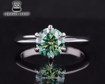 Elegant 1/1.50/2.25 Carat Round Brilliant Cut Green Moissanite Wedding Ring: 6 Prong Knife Edge Shank Solitaire Ring For Her, Promotion Gift