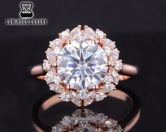 Art Deco Cluster Halo Wedding Ring: Vintage 1.25/2/2.50 Carat Round Cut Moissanite Cathedral Set Engagement Ring, 10K Rose Gold Promise Ring