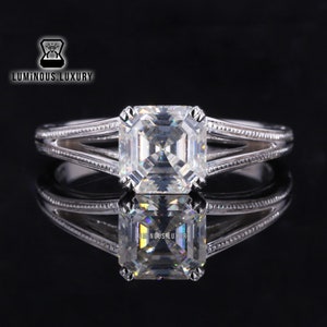 Double Claw Prong Milgrain Set Ring, Split Shank Wedding Ring, Art Deco 1.6/ 2.5/ 3.5 Carat Asscher Cut Colorless Moissanite Engagement Ring