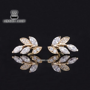 Pretty Leaf Stud Earrings, Marquise With Round Cut Colorless Moissanite Handmade Engagement Earrings, Push Back Style Olive Branch Earrings