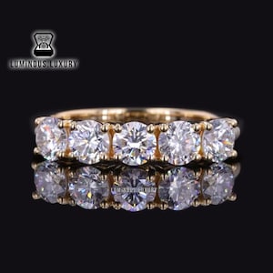 Five Stone Band, Round Cut Colorless Moissanite Anniversary Band, Solid Gold Stackable Wedding Band For Gift, Surprise Birthday Gift For Her