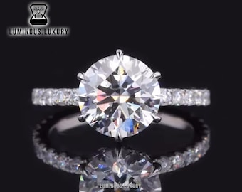Dainty Hidden Halo Engagement Ring: 6 Claw Prong Basket Set Designer Anniversary Ring, 2/2.75/3.50 Carat Round Cut Moissanite Wedding Ring