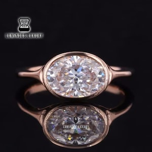 East West Set Moissanite Ring: Full Bezel Set Antique Split Shank Engagement Ring, 1.50/2.25/3 Carat Oval Cut Solitaire Wedding Ring For Her