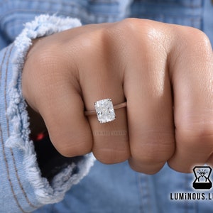 Solid Platinum Stunning 2 CT Ice Crushed Radiant Cut Colorless Moissanite Engagement Ring, Designer Hidden Halo Radiant Cut Wedding Ring