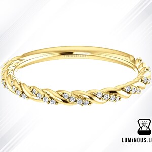Unique Twisted Shank Wedding Band, Designer Band, Round Colorless Moissanite Band, Matching Band, Solid Yellow/White/Rose Platinum Gold Band