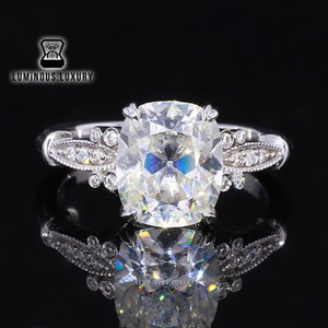Art Deco Double Claw Prong Ring For Her, Milgrain Set Designer Wedding Ring, 3/ 4/ 5.5 Carat Old Mine Cushion Cut Moissanite Engagement Ring