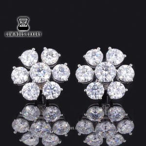 Classic Flower Stud Earrings For Her, Round Cut Colorless Moissanite Earrings For Wedding Gift, Seven Stone Cluster Set Screw Back Earrings
