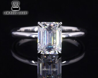 Tulip Basket Set Rounded Band Solitaire Ring, Classic 1.75/ 2.4/ 3.5 Carat Emerald Cut Moissanite Engagement Ring, Graduation Gift For Girls