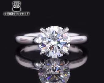10K White Gold Moissanite Engagement Ring: 1.50/2/2.75 Carat Round Cut Hidden Halo Bridal Ring, 4 Claw Prong Basket Set Wedding Ring For Her
