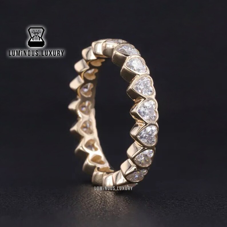 Colorless Heart Cut Moissanite Eternity Band: Bezel Set Solid Gold Band ...