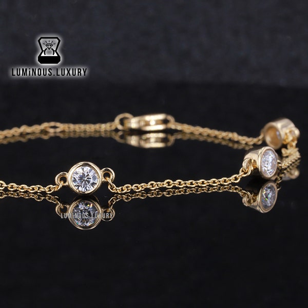 Moissanite By The Yard Bracelet, Solid Gold Bezel Station Bracelet, Delicate Round Cut Six Stone Satellite Chain Bracelet For Wedding Gift