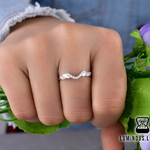 V Shaped Curved Wedding Band, Round Cut Colorless Moissanite Wedding Band, Half Eternity Moissanite Band, Stacking Ring Gift For Her