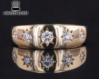 Antique Late Victorian Style Men's Band: Trendy Round Cut Colorless Moissanite 5 Stone Band, Star Flush Set Solid Gold Wedding Band For Him