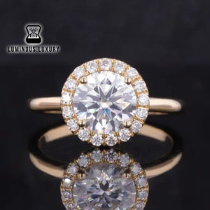 Halo Moissanite Engagement Ring, Elegant 1/1.5/2.25 Carat Round Brilliant Cut Solitaire Promise Ring, Basket Set Plain Band Anniversary Ring