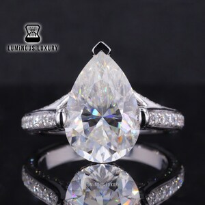 Big Moissanite Ring, Stunning 3/ 4.25/ 5.5 Carat Pear Cut Ring, Art Deco 3 Row Pave Set Hidden Halo Bridal Ring, 14K Solid Gold Ring For Her