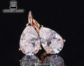 3 Prong Set Dangle Drop Bridal Earrings, Amazing 3/ 4.5/ 5.5 TCW Pear Cut Moissanite Solitaire Wedding Earrings, Lever Back Jacket Earrings