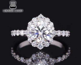 Unique Tulip Basket Ring: Elegant 1/ 1.25/ 2 Carat Round Cut Moissanite Sterling Silver Engagement Ring, Flower Style Halo Promise Ring