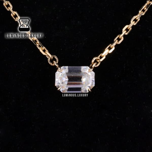 East To West Setting Solitaire Wedding Pendant, 1.15/ 2/ 3 Carat Emerald Cut Moissanite Pendant, 10K/14K/18K Solid Gold Cable Chain Necklace