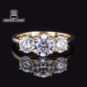 Delicate Trellis Basket Setting Ring, 3.10 TCW Round Cut Moissanite Three Stone Engagement Ring, Solid Gold Past Present Future Wedding Ring
