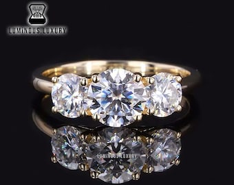 Delicate Trellis Basket Setting Ring: 3.10 TCW Round Cut Moissanite Three Stone Engagement Ring, Solid Gold Past Present Future Wedding Ring