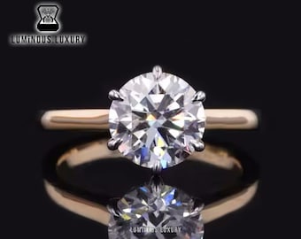 Two Tone Ring: Delicate Hidden Halo Ring, 2/2.75/3.50 Carat Round Cut Moissanite Anniversary Ring, 6 Claw Prong Cathedral Set Solitaire Ring
