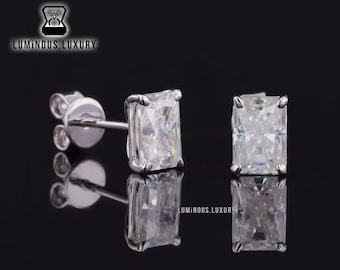 4 Prong Classic Stud Earrings: 14K White Gold Push Back Wedding Earrings, 2/3.50/5 TCW Radiant Cut Colorless Moissanite Daily Wear Earrings