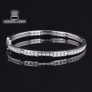 Unique Full Eternity Channel Set Bracelet For Women, Open Box Lock Bangle Bracelet, Colorless Round Cut Moissanite Anniversary Gift Bracelet