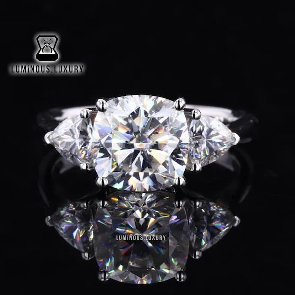 Triple Stone Wedding Ring, Elegant 2.5/ 3.5/ 5 Carat Cushion Cut Engagement Ring, Side Trillion Cut Trinity Moissanite Ring, Graduation Gift
