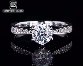 Solitaire Moissanite Ring: Antique 6 Prong Set Taper Band Engagement Ring, 1.20/ 2/ 2.25 Carat Round Cut Anniversary Ring Gift For Women