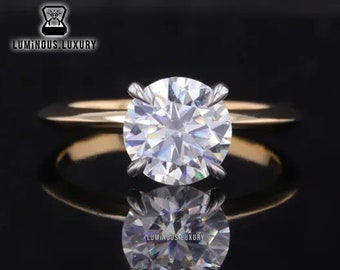 High Profile Basket Set Two Tone Ring, 2/2.7/3.5 Carat Round Cut Moissanite Classic Solitaire Women's Ring, Knife Edge Shank Engagement Ring