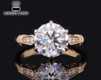 Art Deco Ring: 6 Claw Prong Milgrain Set Designer Anniversary Ring, 2/2.75/3.15 Carat Round Cut Moissanite Tulip Ring, Bridal Promise Ring